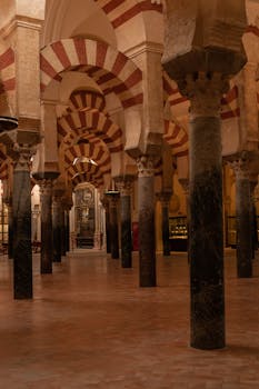 Explore the historic arches and pillars of the Mosque-Cathedral of Córdoba, Spain.