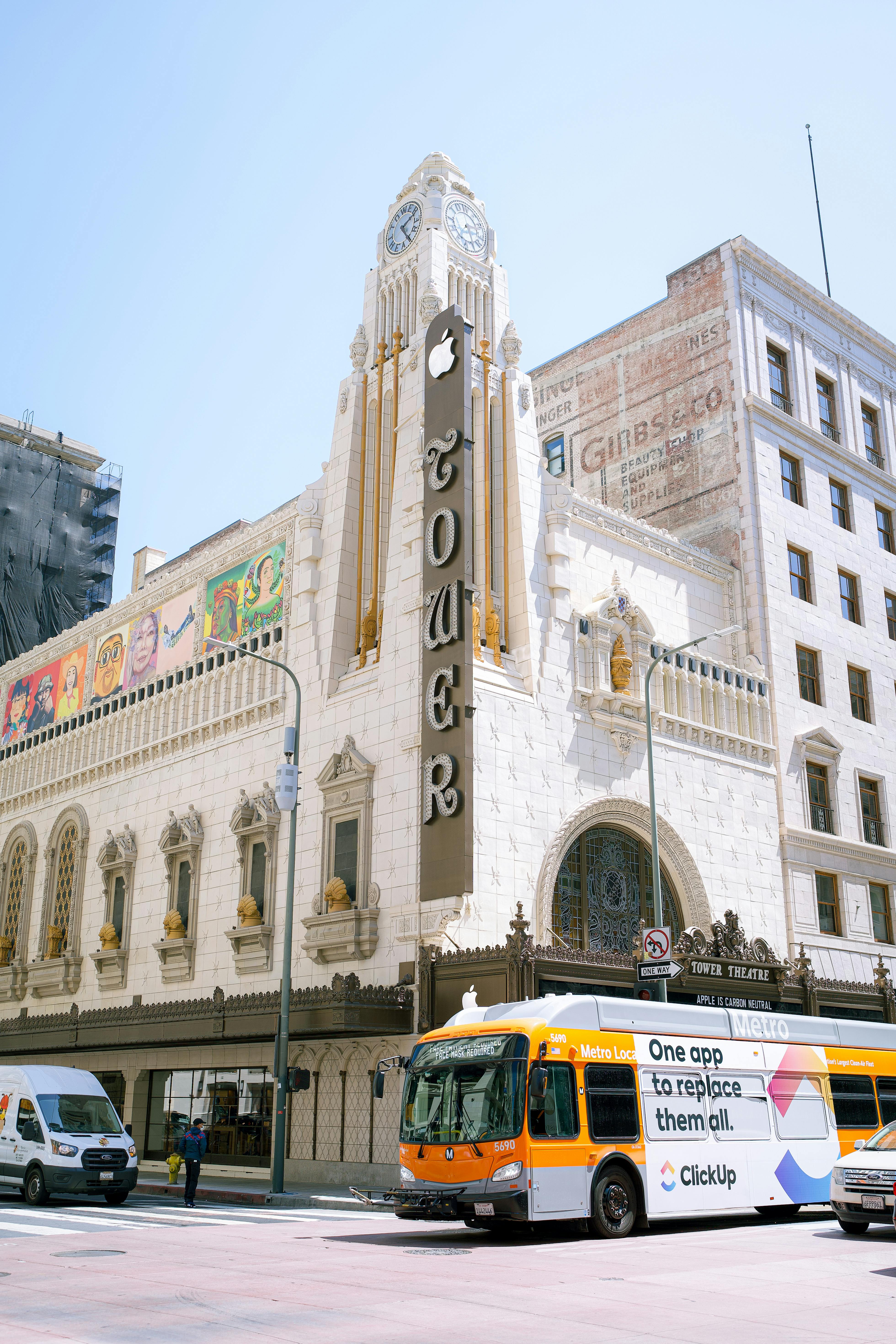 Free A street view of the iconic Tower Theatre in downtown Los Angeles, CA with city traffic. Stock Photo