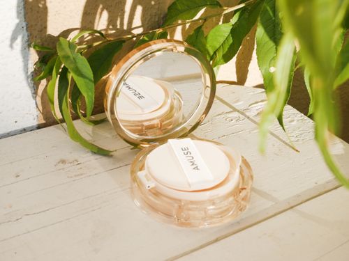 Free Amuse makeup cushion displayed with green leaves and natural light on a wooden surface. Stock Photo