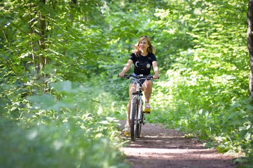 Free A woman cycling on a scenic forest trail surrounded by green foliage, enjoying a sunny day. Stock Photo
