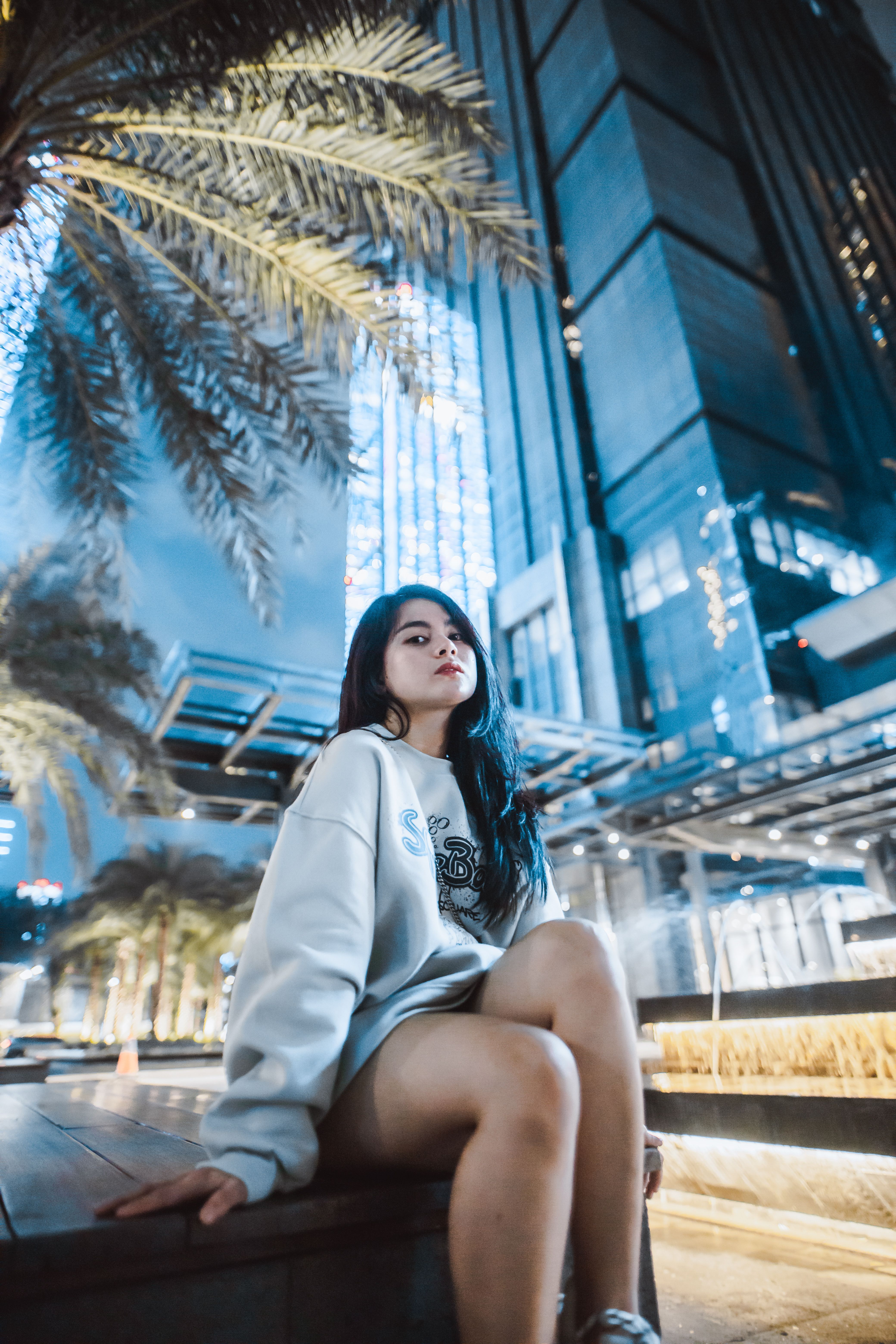 Stylish young woman in gray sweater posing at night with skyscrapers and palm trees in the background.
