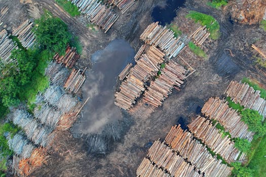 从高空拍摄的森林砍伐地区堆放的原木，展示了木材和环境影响