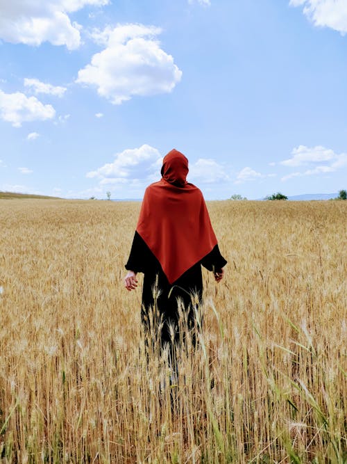 Woman Wearing a Red Hijab Standing on a Wheat Field