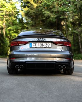 Captivating rear view of an Audi S3 parked on a peaceful forest road.