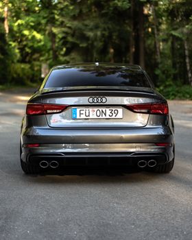 A sleek black Audi S3 car parked on a sunlit forest road, showcasing elegance and luxury.