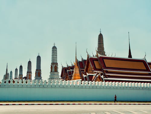 Roofs of a Monastery and Stupas behind a Wall