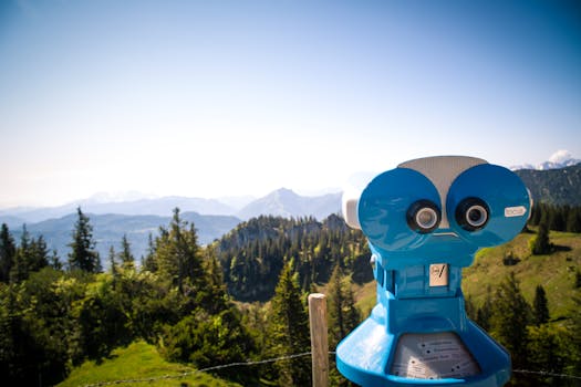 阳光明媚的日子里，蓝色投币式双筒望远镜可以俯瞰巴伐利亚的山脉和森林景观
