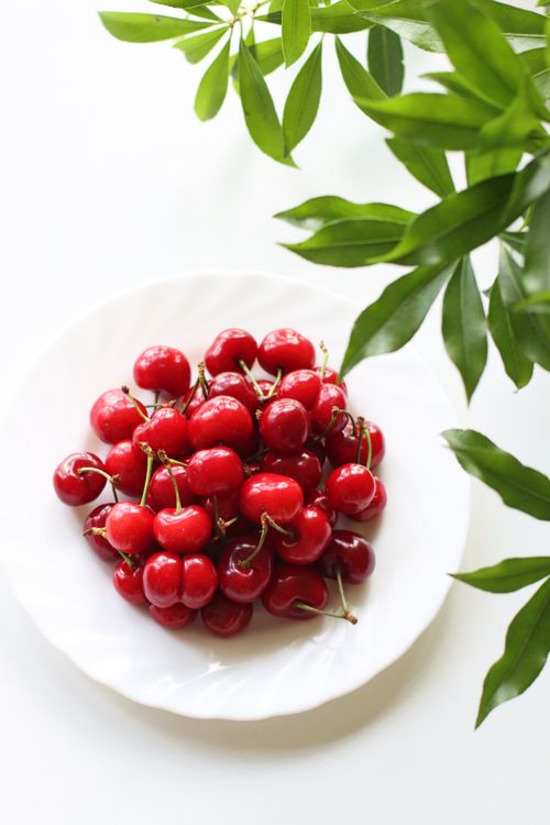 Free Fresh red cherries arranged on a glossy white plate surrounded by green leaves. Stock Photo