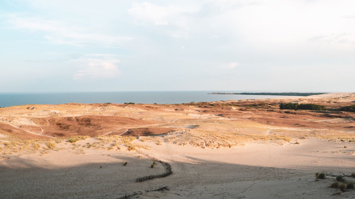 Dunele de nisip ale Istmului Curonian coborând spre Marea Baltică