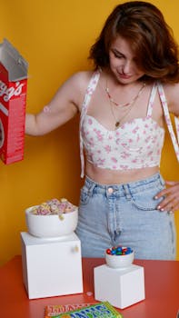Young woman in floral crop top pouring cereal with colorful backdrop.