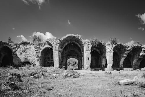 Black and White Photo with Old Ruin with Arches