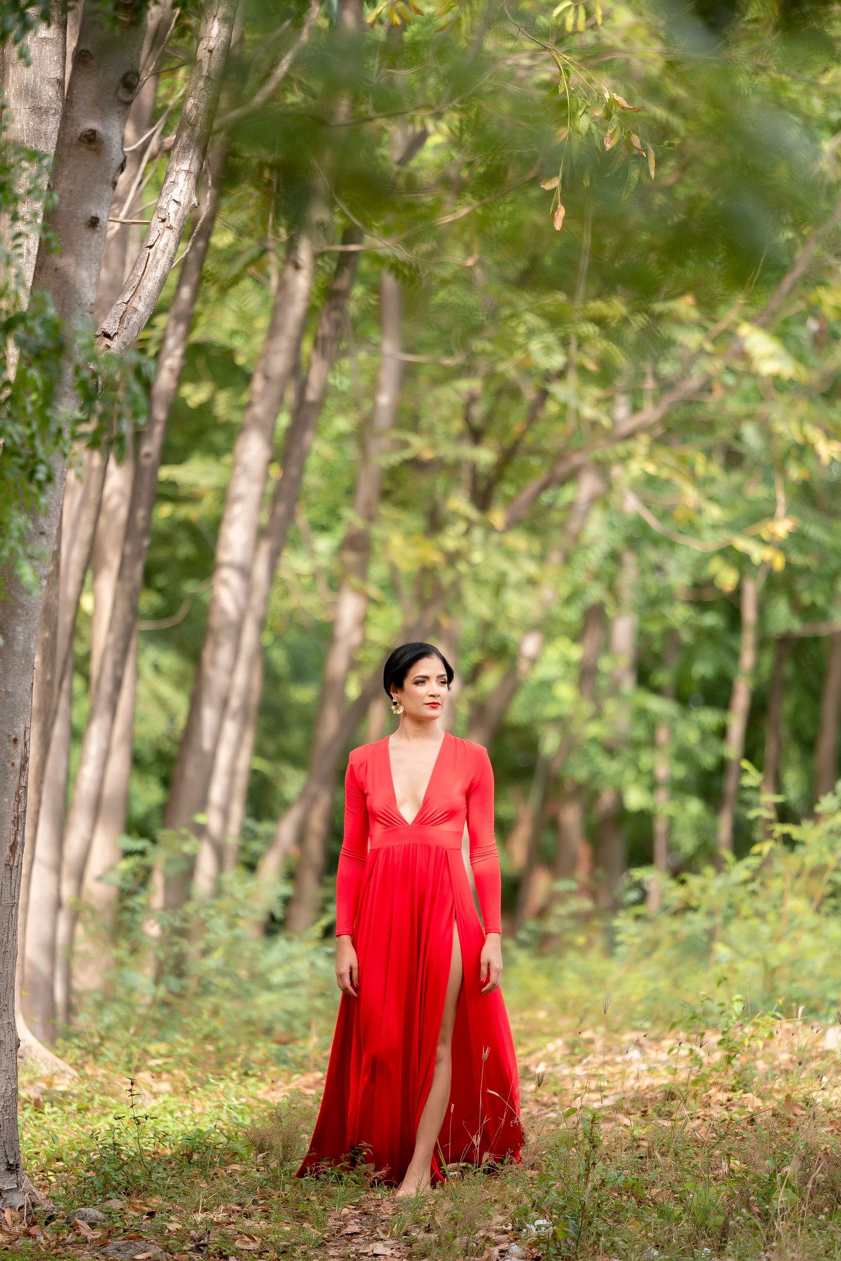 A Woman in Red Long Dress Standing Near the Trees · Free Stock Photo