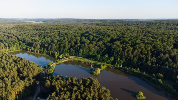 Drone shot of lush green forest and tranquil lake in Lviv, Ukraine.