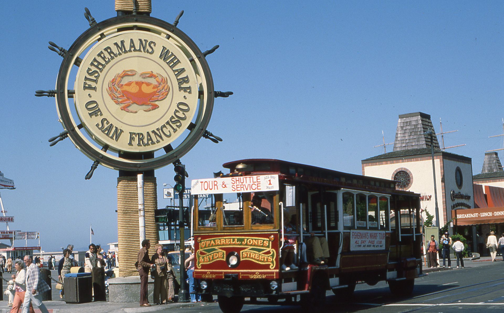 View of Fisherman's Wharf with vintage cable car in San Francisco.