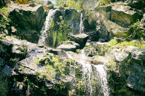 Close-up of a Rocky Waterfall with Moss on the Rocks 