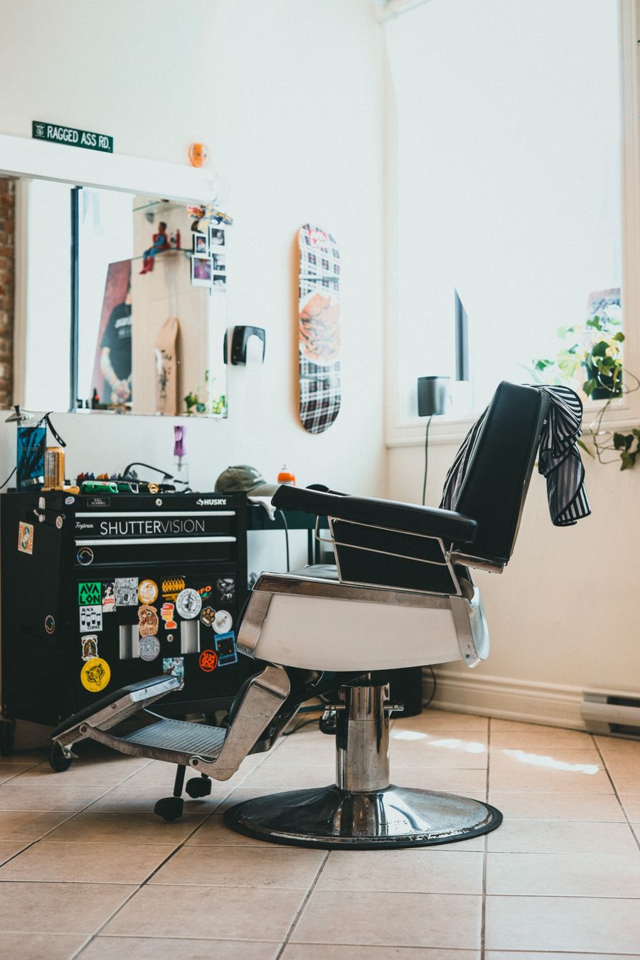 Vintage barber setup with chair and mirror