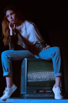 Fashionable woman in jeans and jacket poses on old TV with static in a moody studio setting.