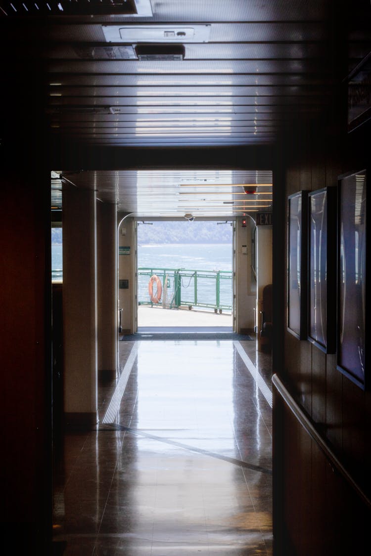 View Of River From Inside Corridor Of Cruise Ship