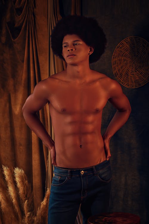 Shirtless Man with Afro Hair