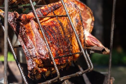 Close-up of juicy grilled meat sizzling on an outdoor barbecue grill.