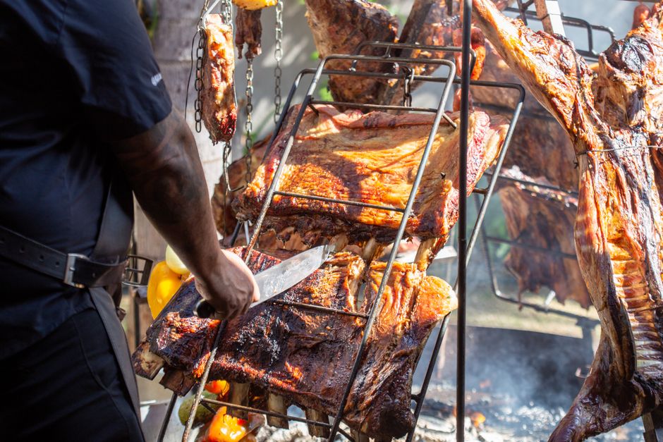 Skewers of grilled meat at a traditional churrascaria in Brazil