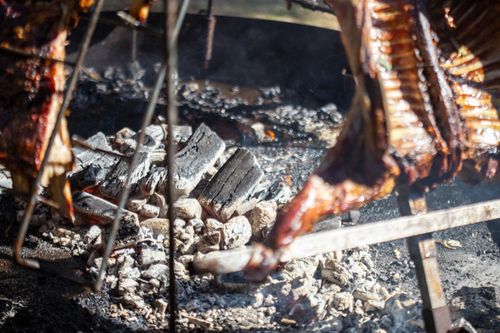 Free Close-up of meat grilling over an open fire with glowing coals. Stock Photo