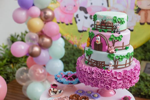 Vibrant three-tier farm-themed birthday cake with pastel balloons and animal decorations.