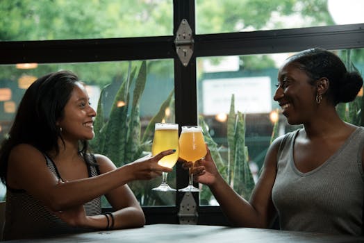 两位女士在舒适的室内环境中，一边享用饮品，一边举杯共饮，分享着欢笑与美好时光