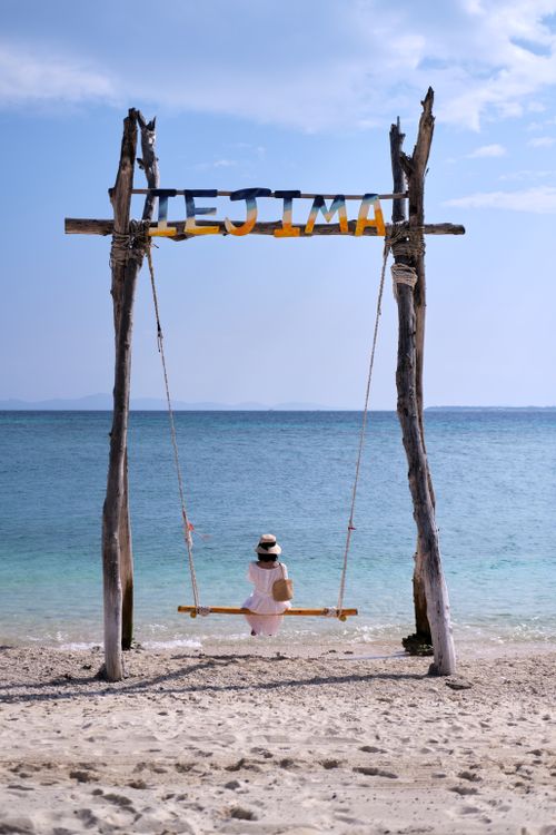 Free Woman on a swing by the ocean, enjoying a tranquil beach day outdoors. Stock Photo