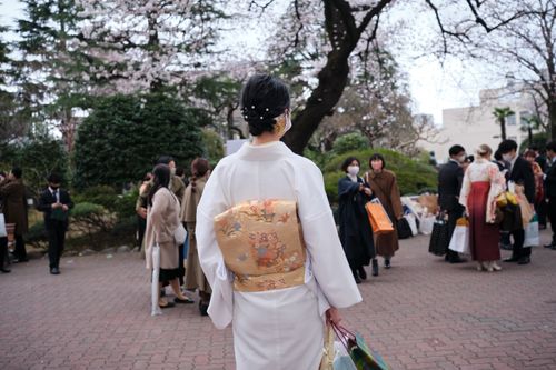 Free A woman in a kimono stands outdoors among cherry blossoms, posing with others during springtime. Stock Photo