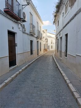 A narrow, cobblestone alley flanked by traditional whitewashed buildings under a clear blue sky.