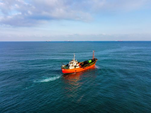 Free A vibrant cargo ship navigates through the calm blue sea under a clear sky. Stock Photo