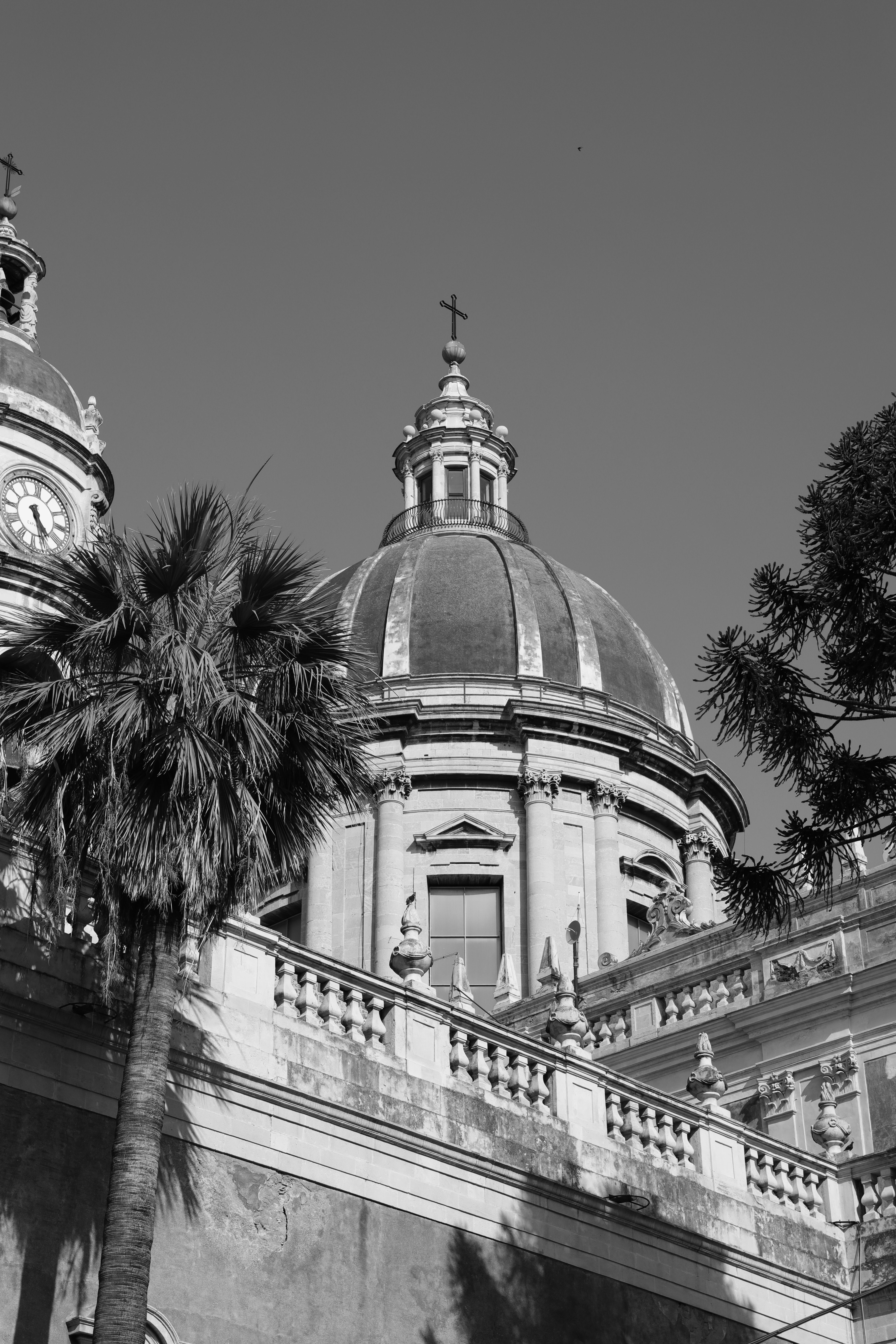 Black and white image highlighting the dome of a historic cathedral with architectural details.