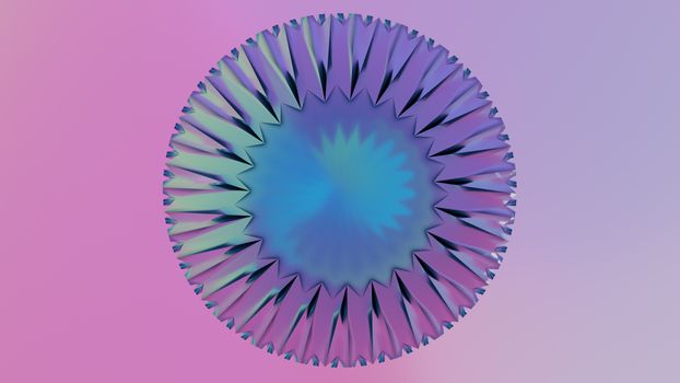 Colorful 3D rendered geometric pattern on a pastel gradient background.