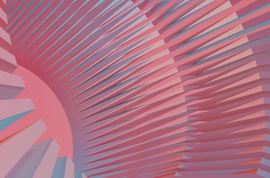 Creative abstract composition with pink and blue geometric shapes forming a radial pattern.