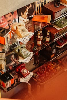 A nostalgic display of vintage telephones and vinyl records with retro decor.