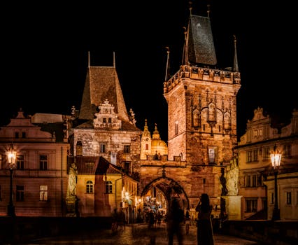 A beautifully lit Gothic building in Prague at night, capturing architectural elegance.