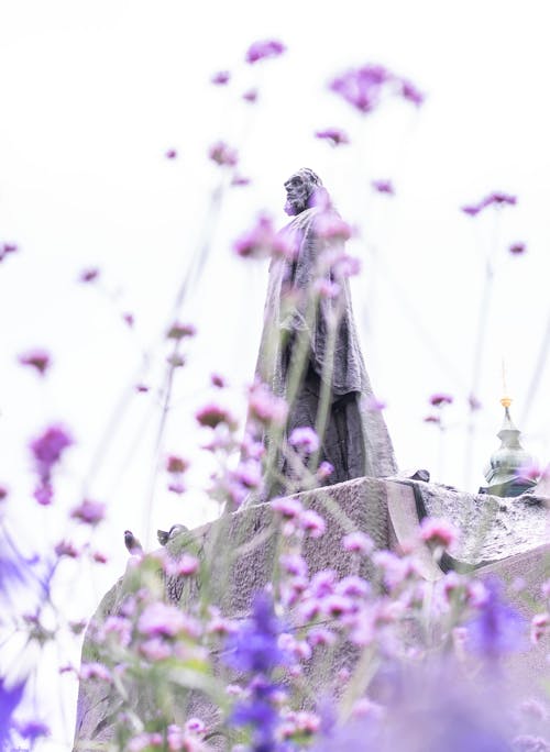 Estátua E Flores Roxas