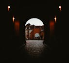 昏暗的灯光下，一条鹅卵石街道从黑暗的隧道景观延伸出来，两旁是历史悠久的建筑