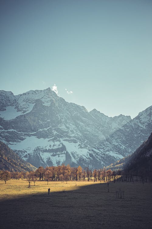 Snow Capped Rocky Mountains under Clear Sky 