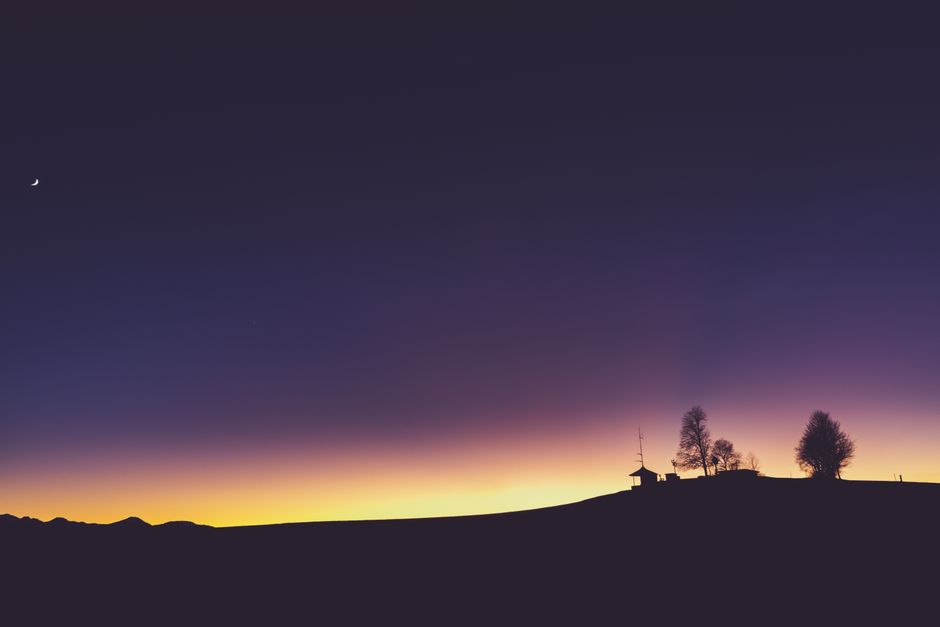 Silhouette of trees and moon against a twilight gradient at Irschenberg, Bavaria.