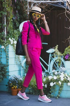 Stylish woman in a pink suit with flowers in a summer garden