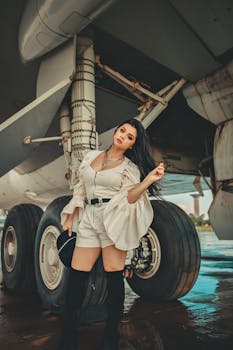 Woman in fashionable outfit posing under a plane wing. Glamorous travel vibes.