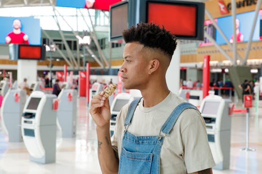 Side view of a man in denim jumper eating a cookie inside an airport terminal.