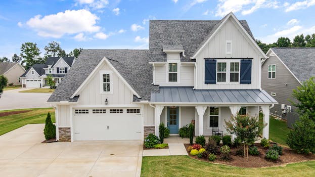 Elegant suburban home with a modern facade and lush yard in Fuquay-Varina, NC. Perfect for real estate listings.