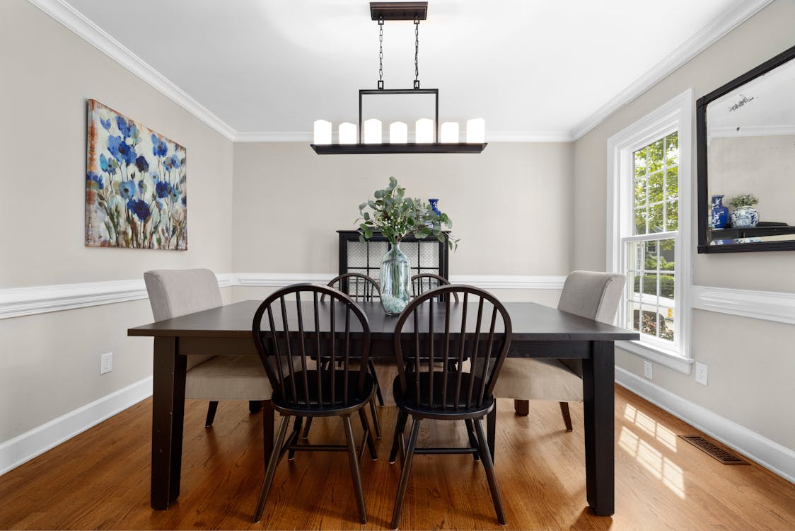 Chandelier hanging over a dining table