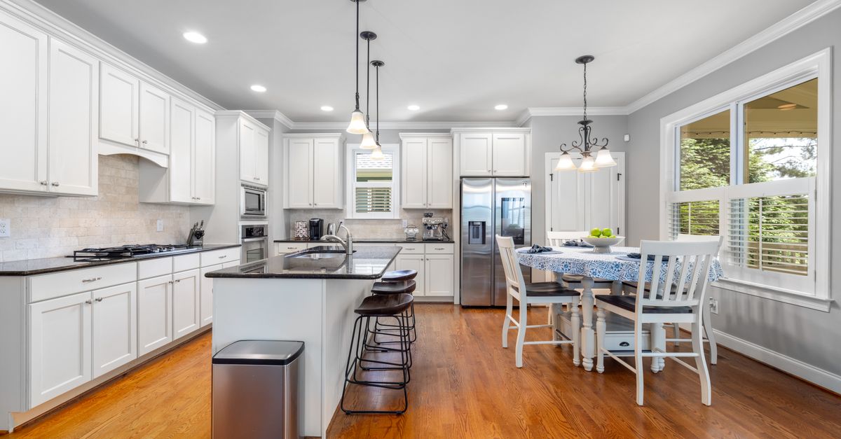 Bright and spacious modern kitchen with white cabinets and wooden flooring.