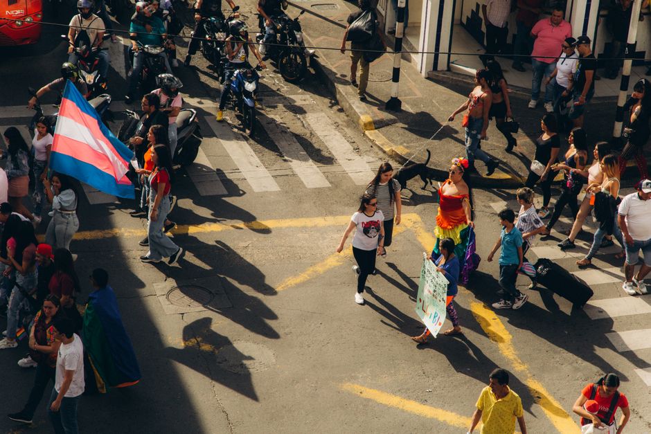 Un vibrante desfile urbano con participantes diversos y banderas que muestran el orgullo y la unidad LGBTQ+.
