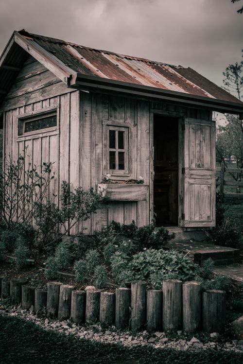 Free A rustic wooden shed surrounded by lush plants and moody sky, offering a vintage feel. Stock Photo