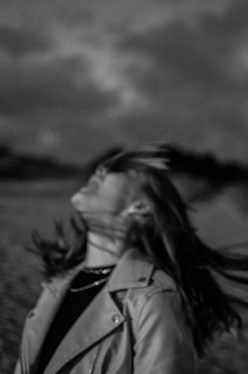 Monochrome Shot of a Woman Wearing Leather Jacket